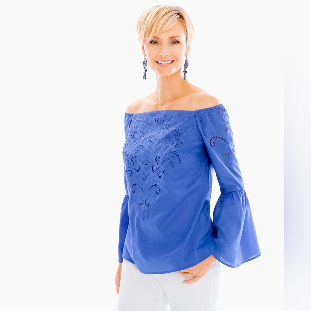CHICO’S Embroidered Off-The-Shoulder Top 100% Cotton